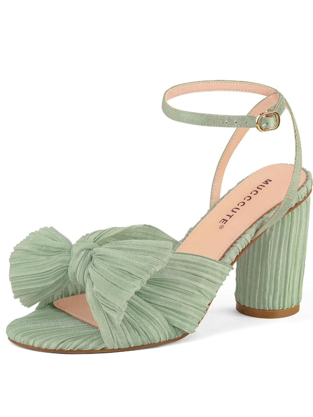 Sage Green Pleated Bow Ankle-Strap Heels